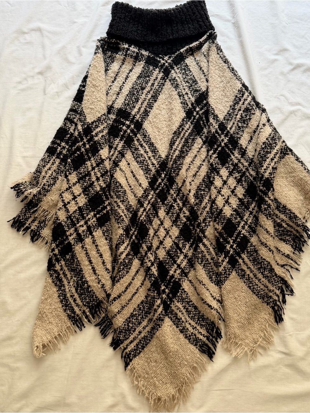 Beige & black plaid poncho woven knit one size turtle neck